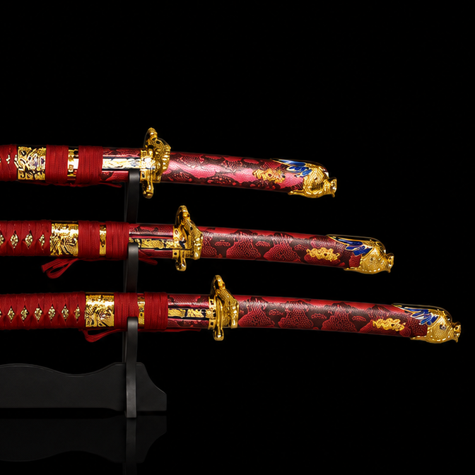 3-Piece Red Samurai Sword Set with Display Stand – Premium Decorative Katana Collection