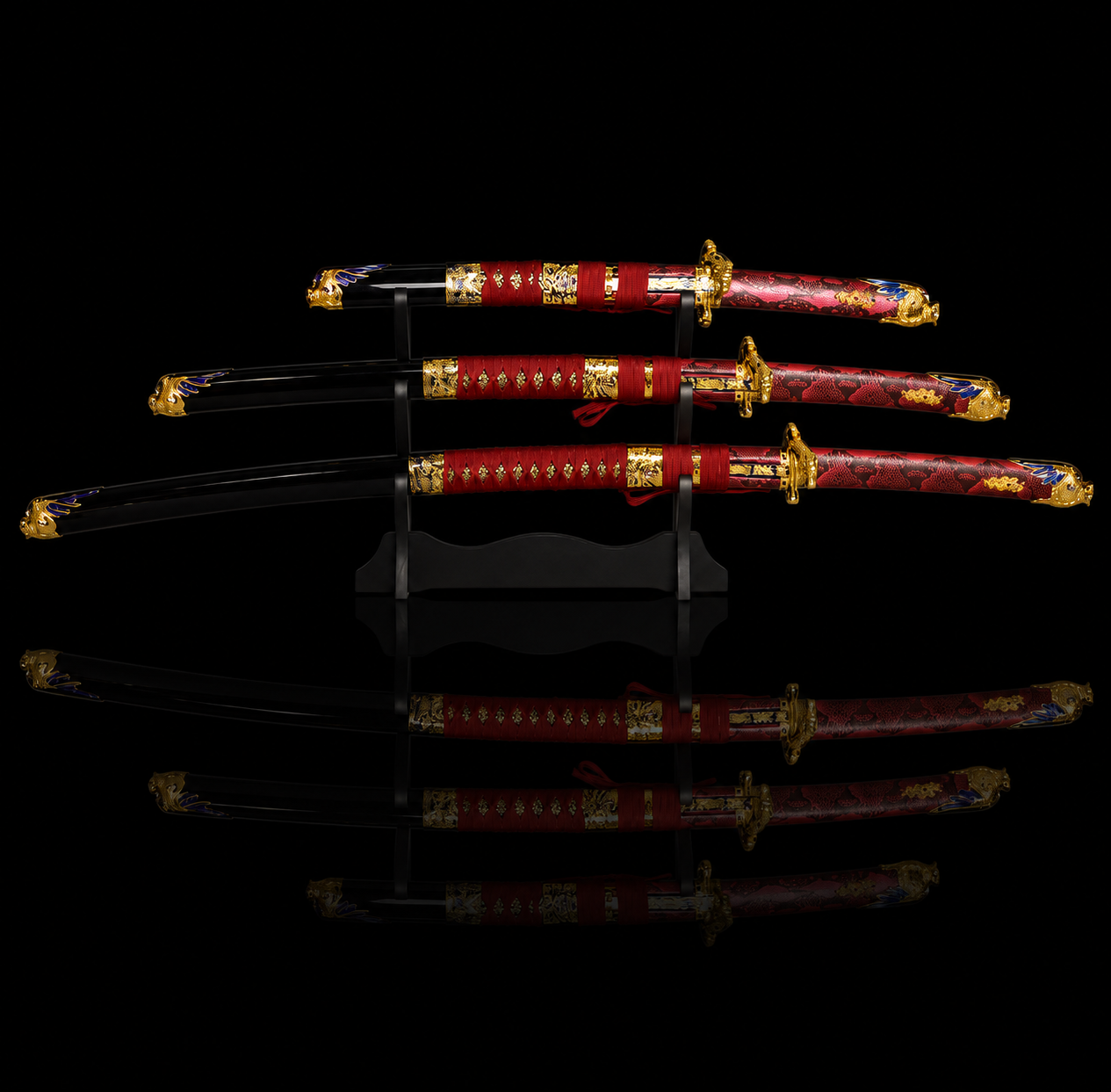 3-Piece Red Samurai Sword Set with Display Stand – Premium Decorative Katana Collection