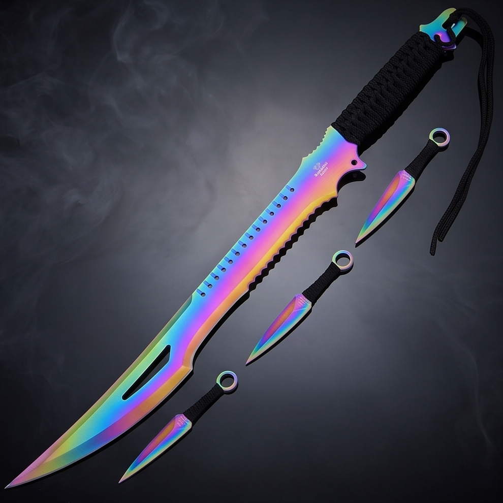 Rainbow Tactical Machete with 3 Kunai – Collector Display Set