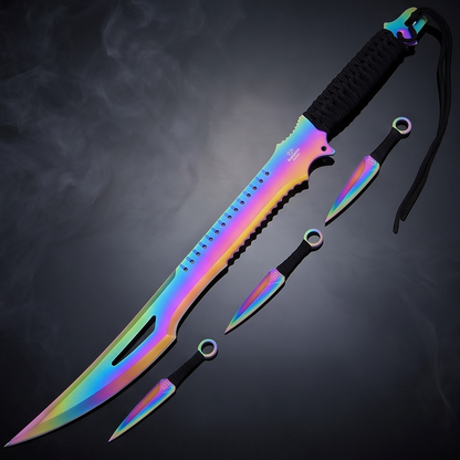 Rainbow Tactical Machete with 3 Kunai – Collector Display Set