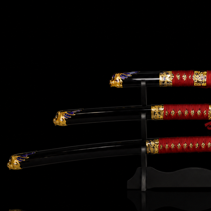 3-Piece Red Samurai Sword Set with Display Stand – Premium Decorative Katana Collection